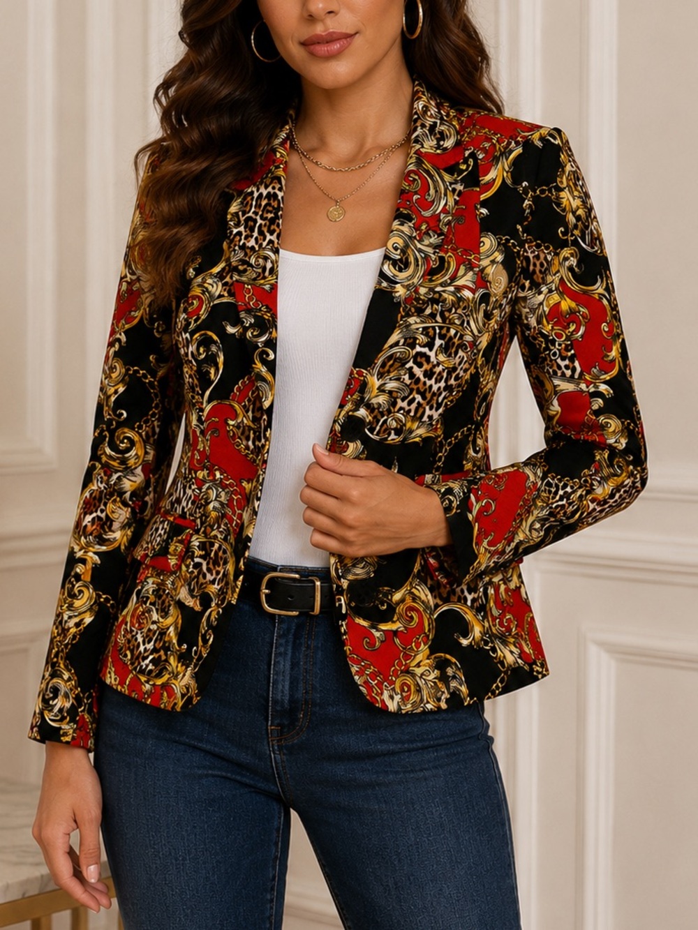 Boston Proper Baroque Blazer  Size 8 Leopard Chain Print Jacket